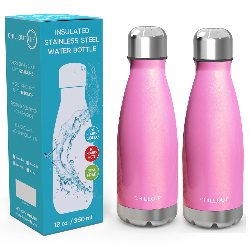 2 Pack Stainless Steel Water Bottle for Kids School: 12 oz Double Wall Insulated Cola Bottle Shape - Pink Sparkle - CHILLOUT LIFE