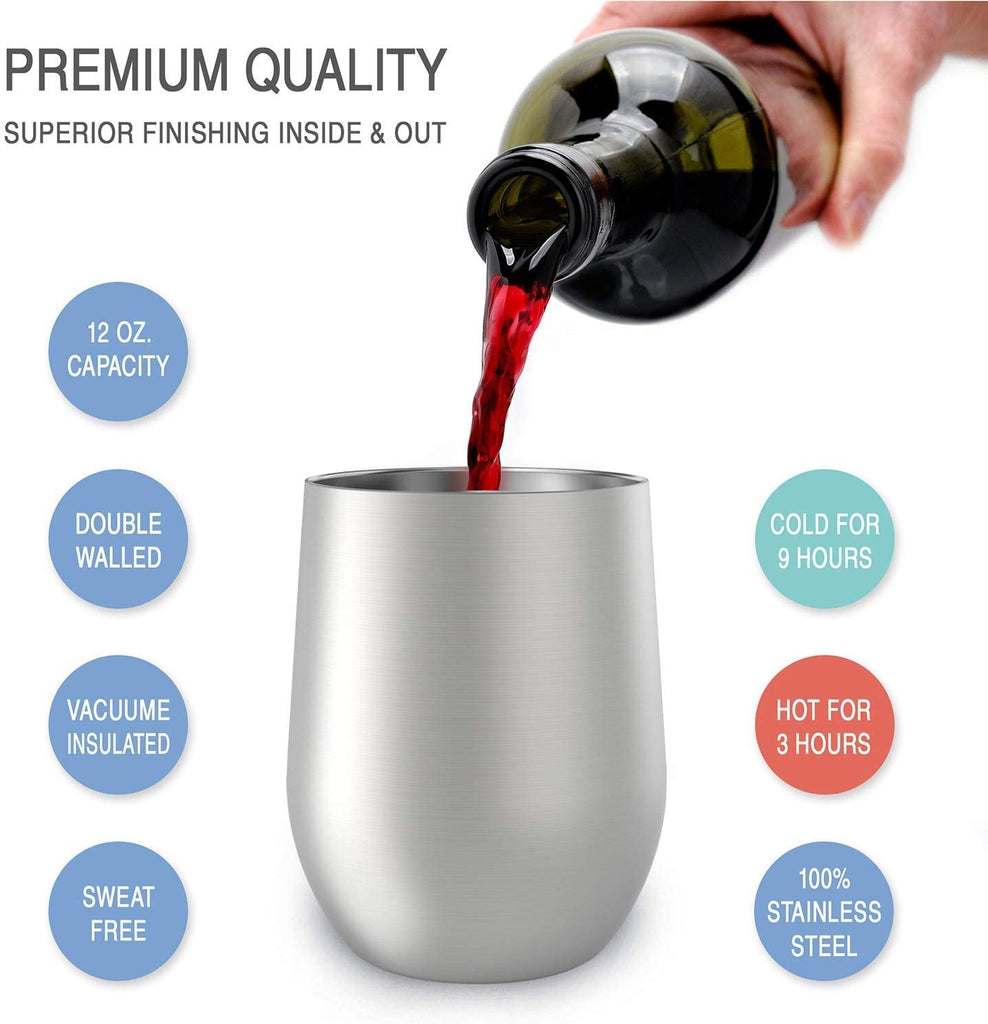 CHILLOUT LIFE 12 oz Stainless Steel Stemless Wine Tumbler with Lids an