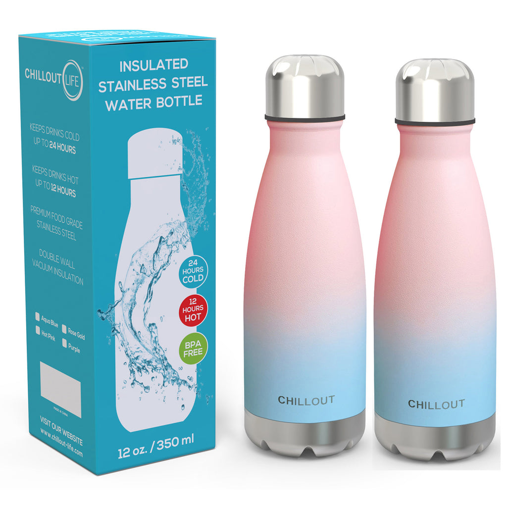 2 Pack Stainless Steel Water Bottle for Kids School: 12 oz Double Wall Insulated Cola Bottle Shape - Cotton Candy - CHILLOUT LIFE