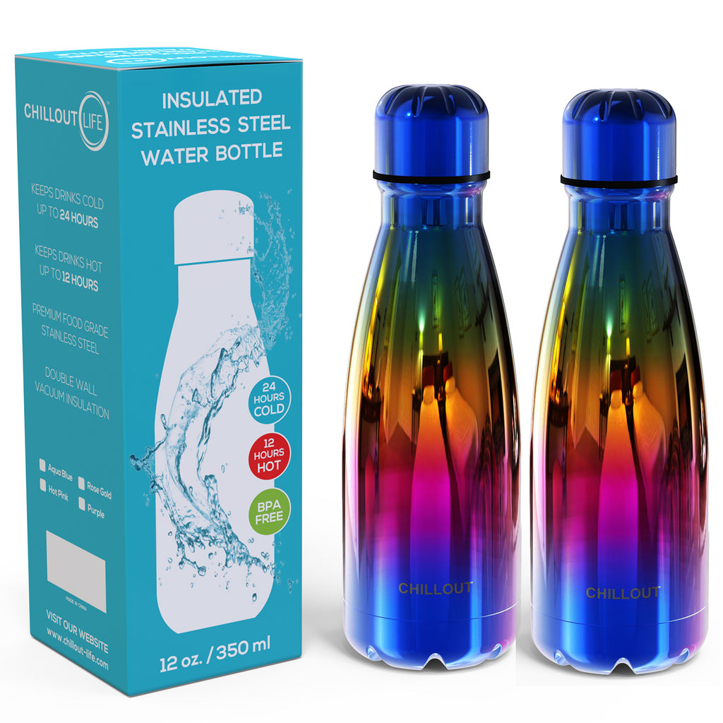2 Pack Stainless Steel Water Bottle for Kids School: 12 oz Double Wall Insulated Cola Bottle Shape - Rainbow Multi Color - CHILLOUT LIFE