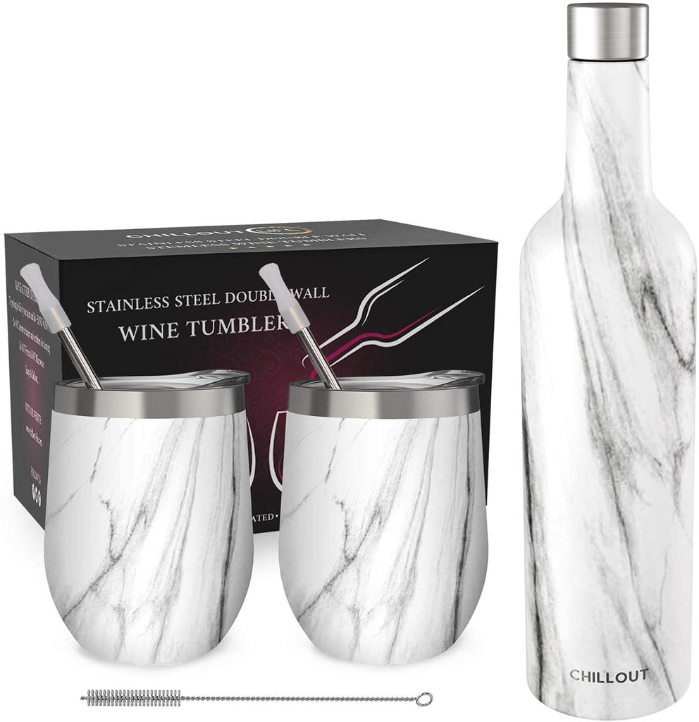 CHILLOUT LIFE Stainless Steel Wine Tumblers 2 Pack 12 oz & 1 Insulated Wine Bottle - Double Wall Vacuum Insulated Wine Cups with Lids and Straws Set - CHILLOUT LIFE