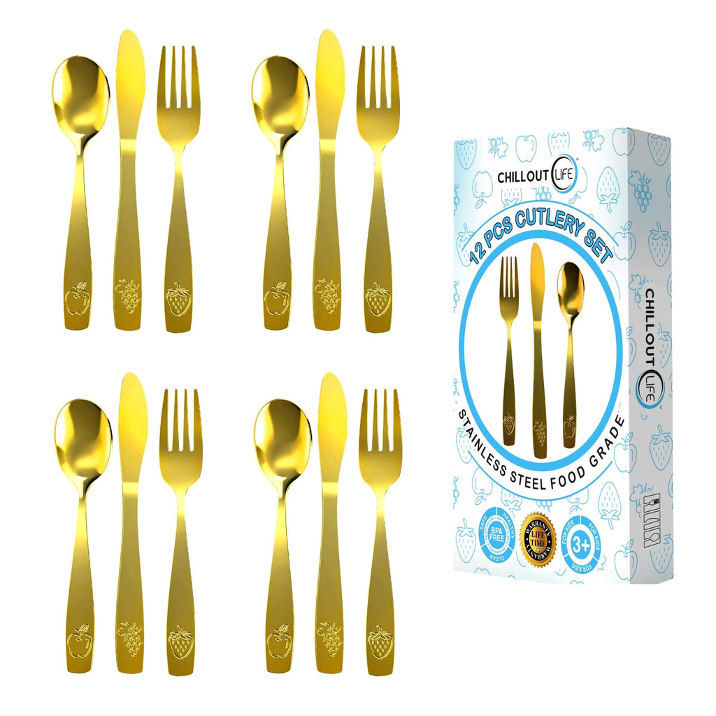 CHILLOUT LIFE 12 Piece Stainless Steel Kids Silverware Set - Child and Toddler Safe Flatware - Gold - CHILLOUT LIFE