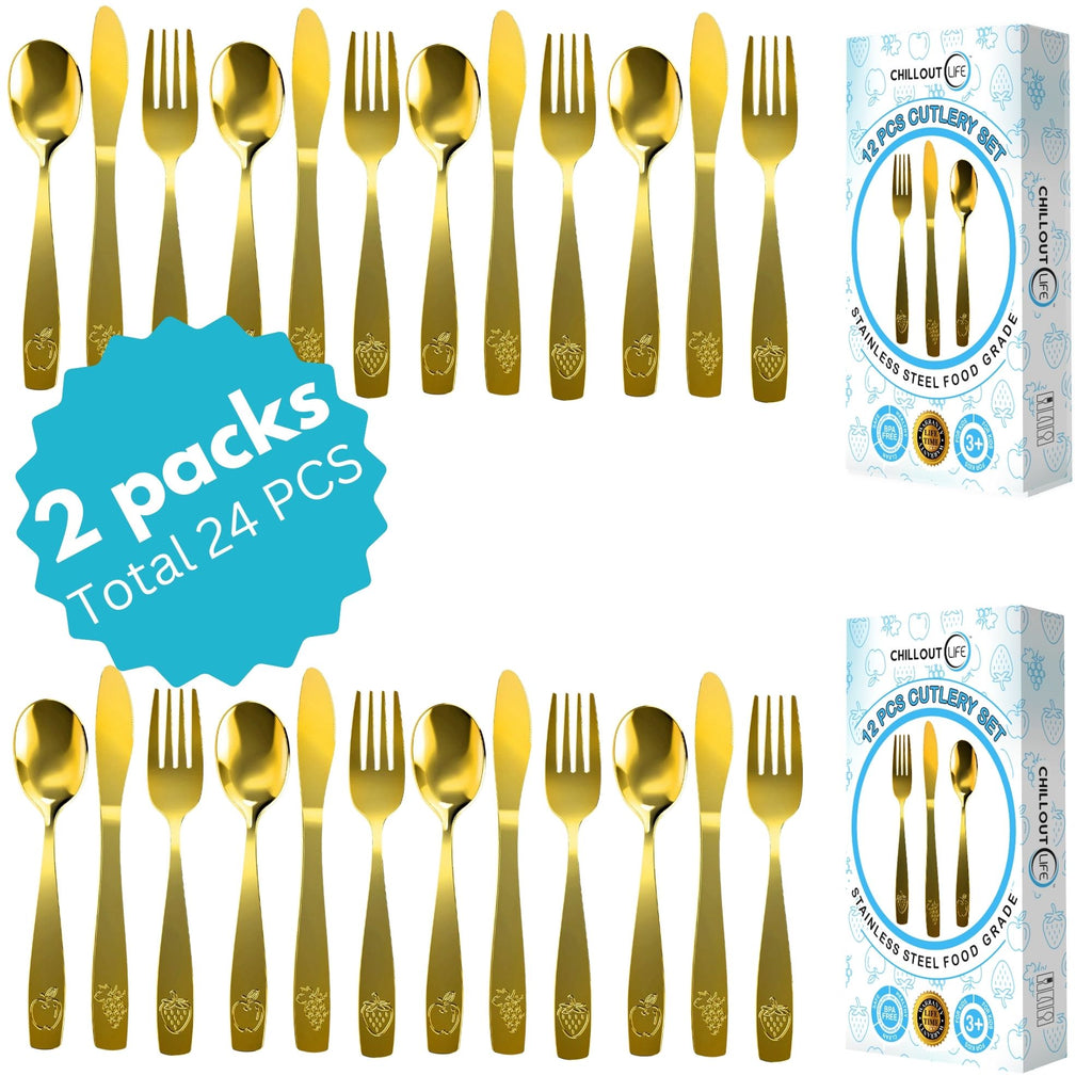 CHILLOUT LIFE 24 Piece Stainless Steel Kids Silverware Set (2 packs: 12+12) Child and Toddler Safe Flatware - Gold - CHILLOUT LIFE