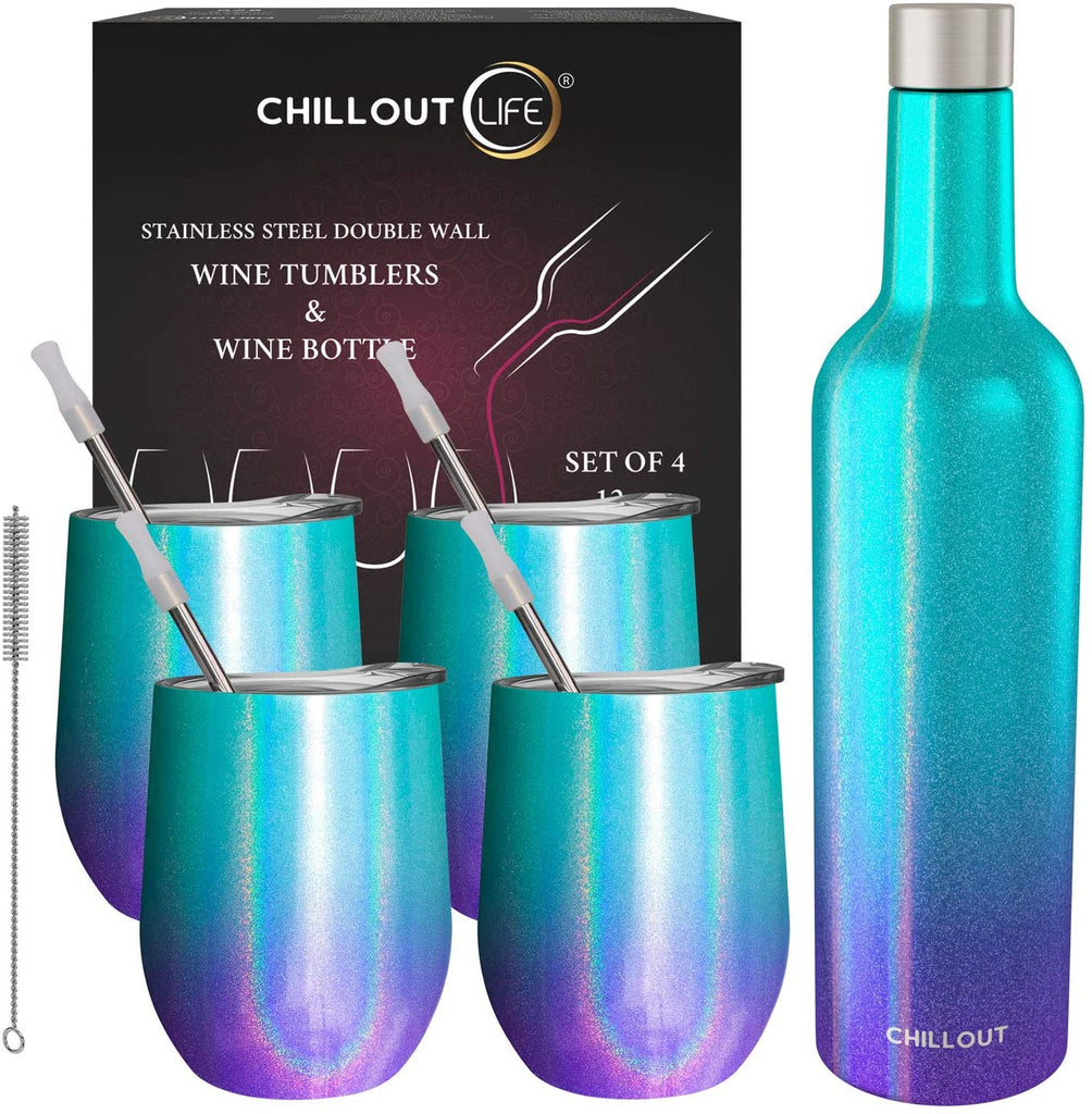 CHILLOUT LIFE Stainless Steel Wine Tumblers 4 Pack12 oz & 1 Insulated Wine Bottle - Double Wall Vacuum Insulated Wine Cups with Lids and Straws Set - CHILLOUT LIFE