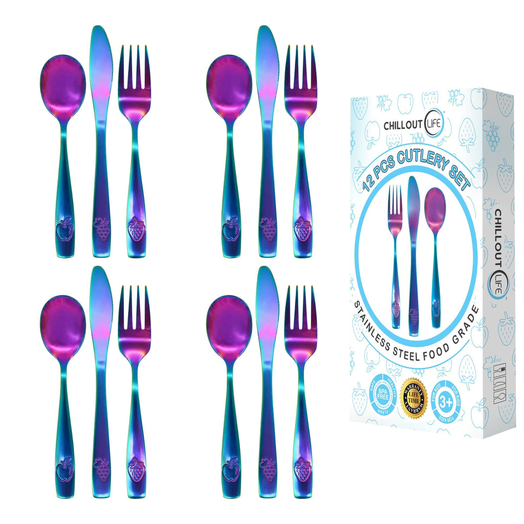 CHILLOUT LIFE 12 Piece Stainless Steel Kids Silverware Set - Child and Toddler Safe Flatware - UV Rainbow - CHILLOUT LIFE
