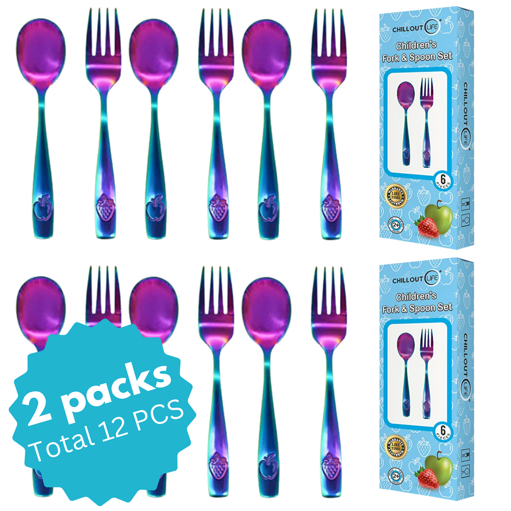 CHILLOUT LIFE 12 Piece Stainless Steel Kids Silverware Set (2 packs: 6+6)- Child and Toddler Safe Flatware - UV Rainbow - CHILLOUT LIFE