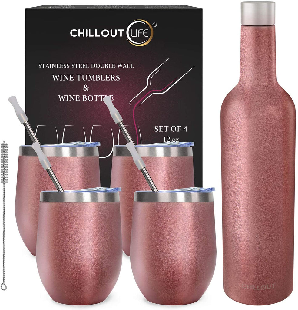 CHILLOUT LIFE Stainless Steel Wine Tumblers 4 Pack12 oz & 1 Insulated Wine Bottle - Double Wall Vacuum Insulated Wine Cups with Lids and Straws Set - CHILLOUT LIFE