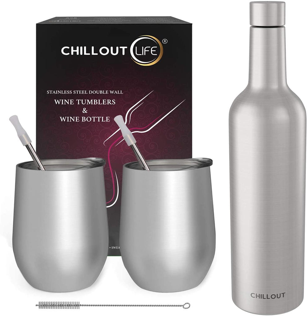 CHILLOUT LIFE Stainless Steel Wine Tumblers 2 Pack 12 oz & 1 Insulated Wine Bottle - Double Wall Vacuum Insulated Wine Cups with Lids and Straws Set - CHILLOUT LIFE
