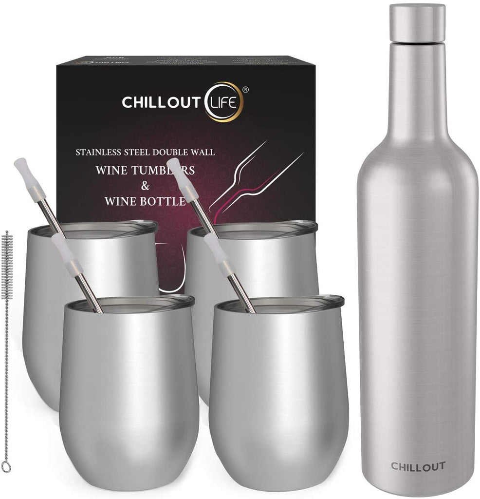 CHILLOUT LIFE Stainless Steel Wine Tumblers 4 Pack12 oz & 1 Insulated Wine Bottle - Double Wall Vacuum Insulated Wine Cups with Lids and Straws Set - CHILLOUT LIFE
